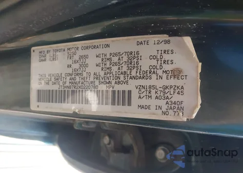 1999 Toyota 4Runner Limited V6 из США, поврежденный, VIN JT3HN87R2X0220780